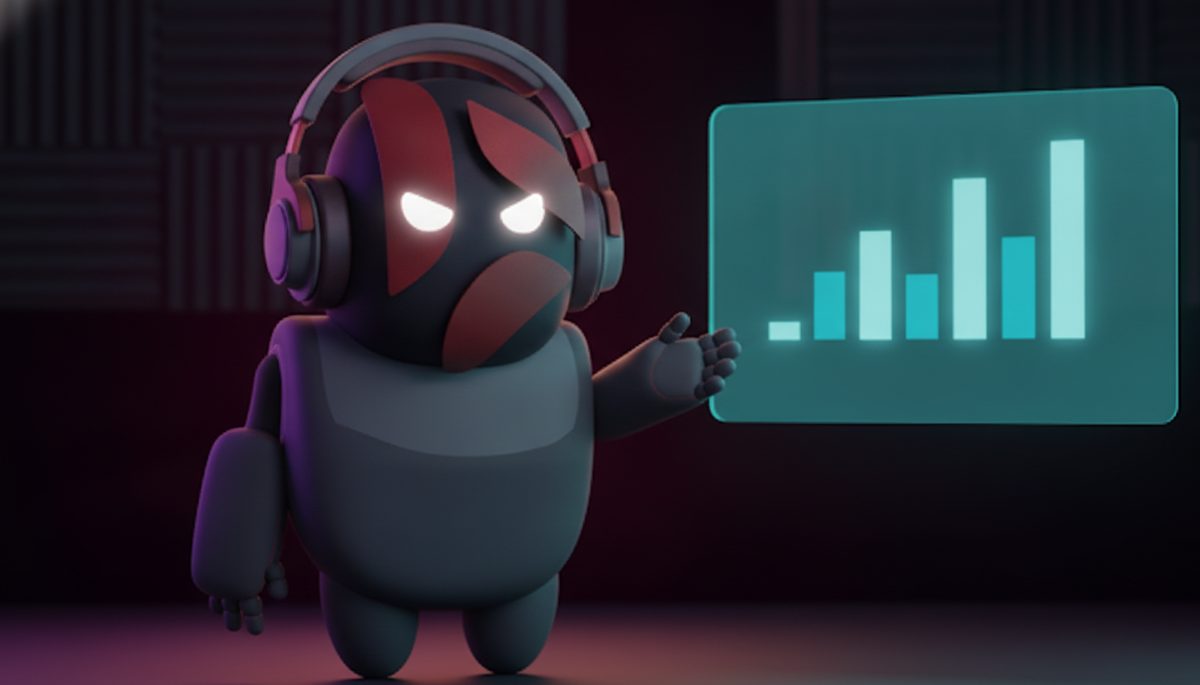 Beta, the Beta Ads mascot, studying floating numbers above a desk