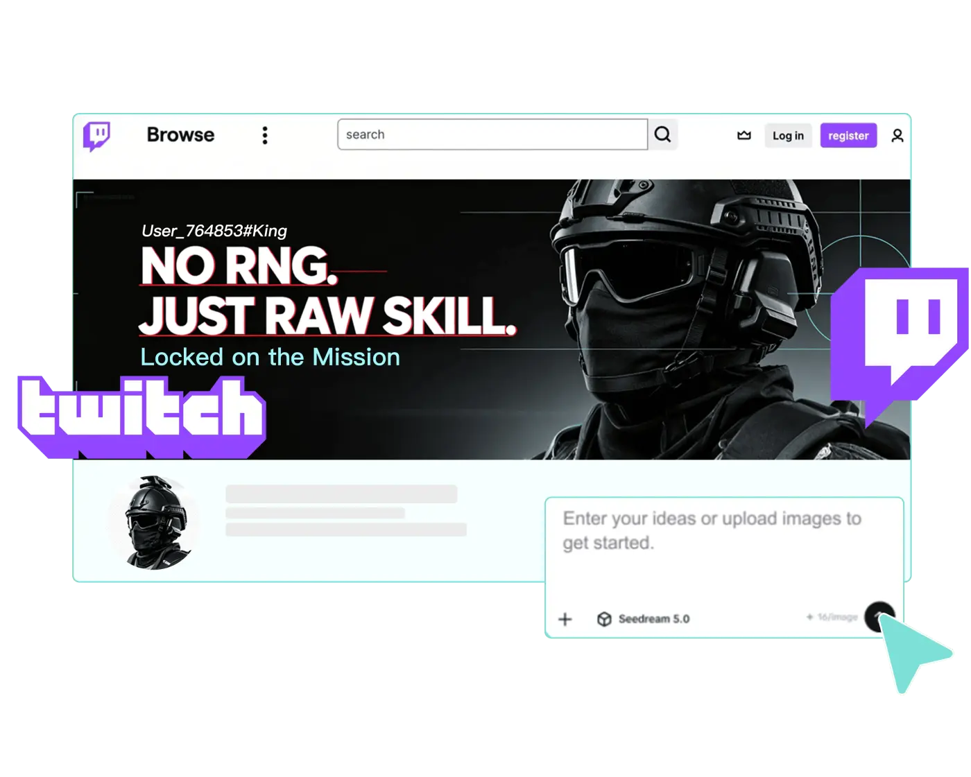 CapCut sitt bannerverktøy for Twitch, med Seedream 5.0 valgt som modell