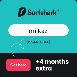 Surfshark code panel for the creator miikaz, offering 4 months extra