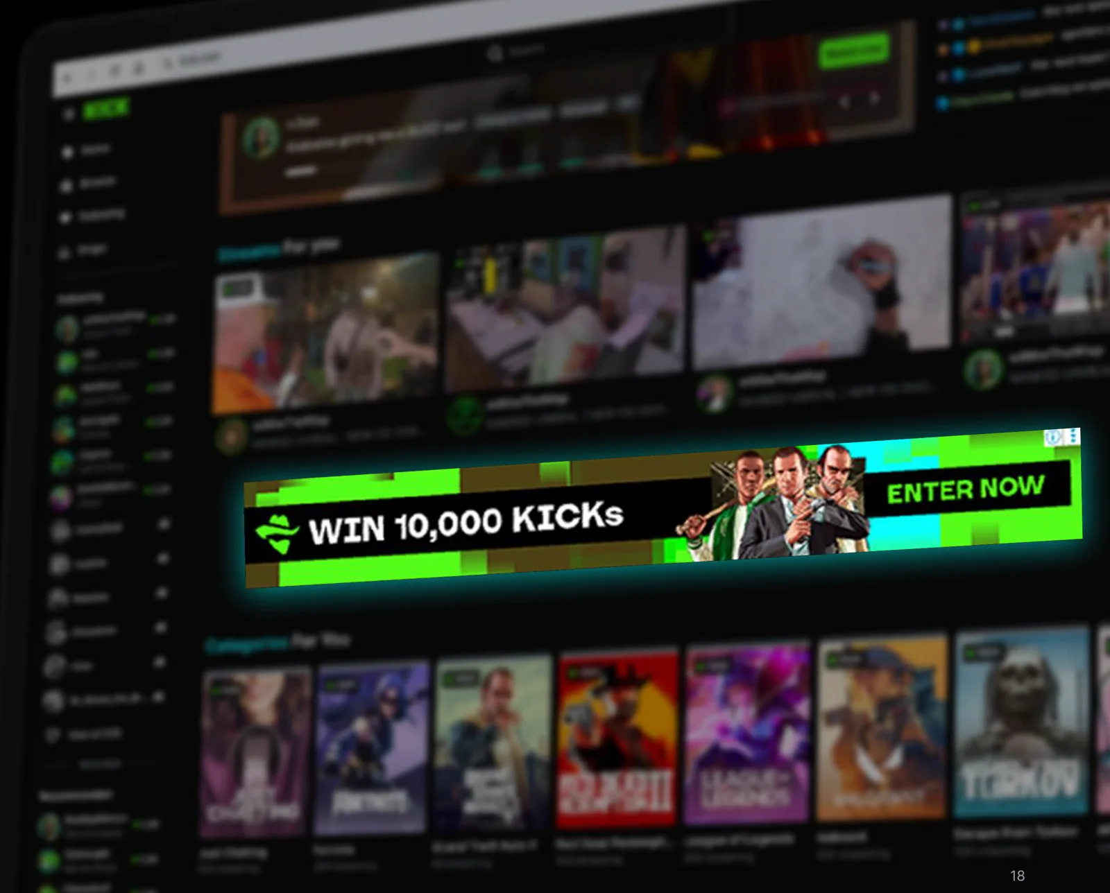 Kick's own mockup: a wide green banner across the Kick homepage reading Win 10,000 Kicks