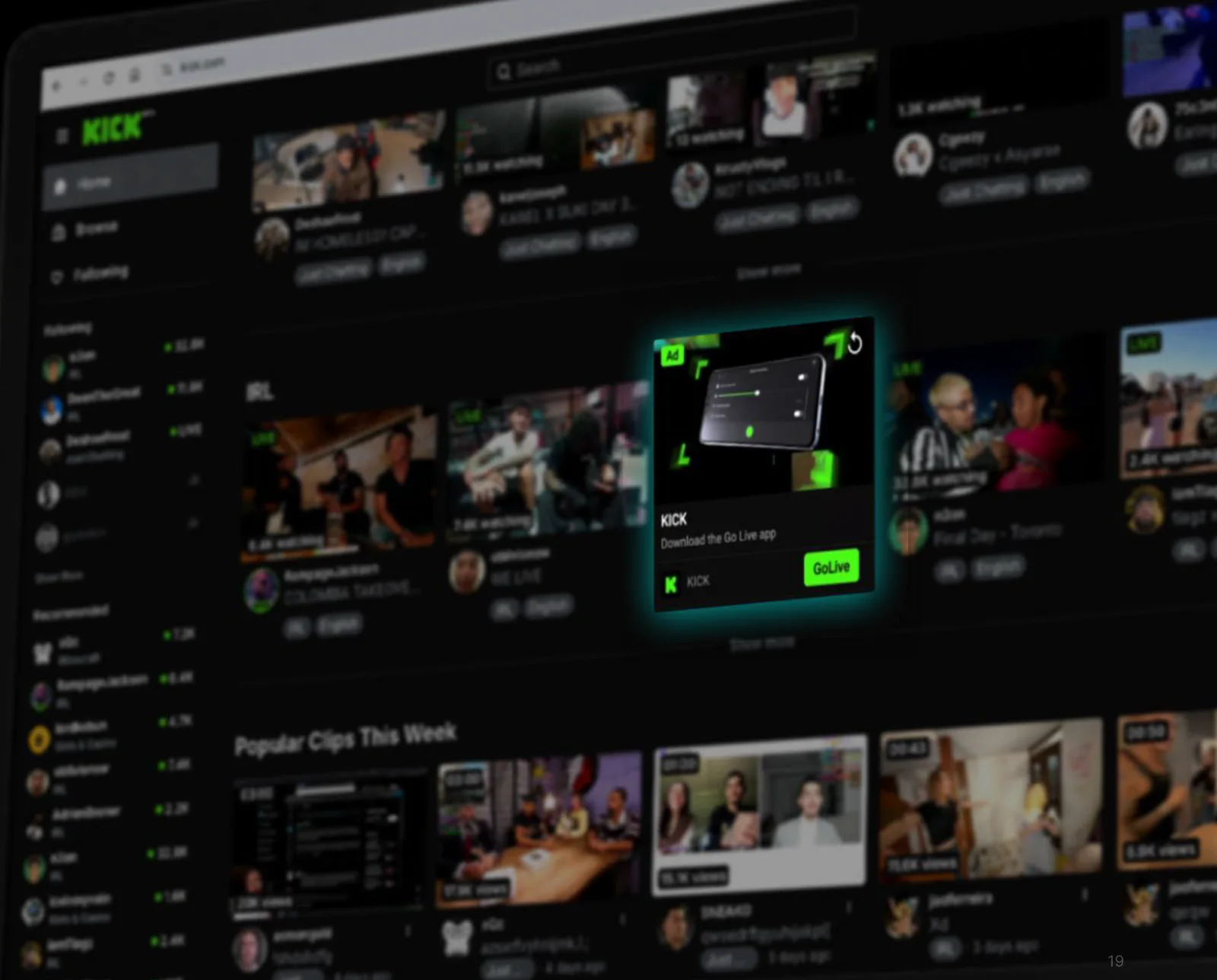 Kick's own mockup: an ad-labelled stream card sitting among live streams on the Kick homepage
