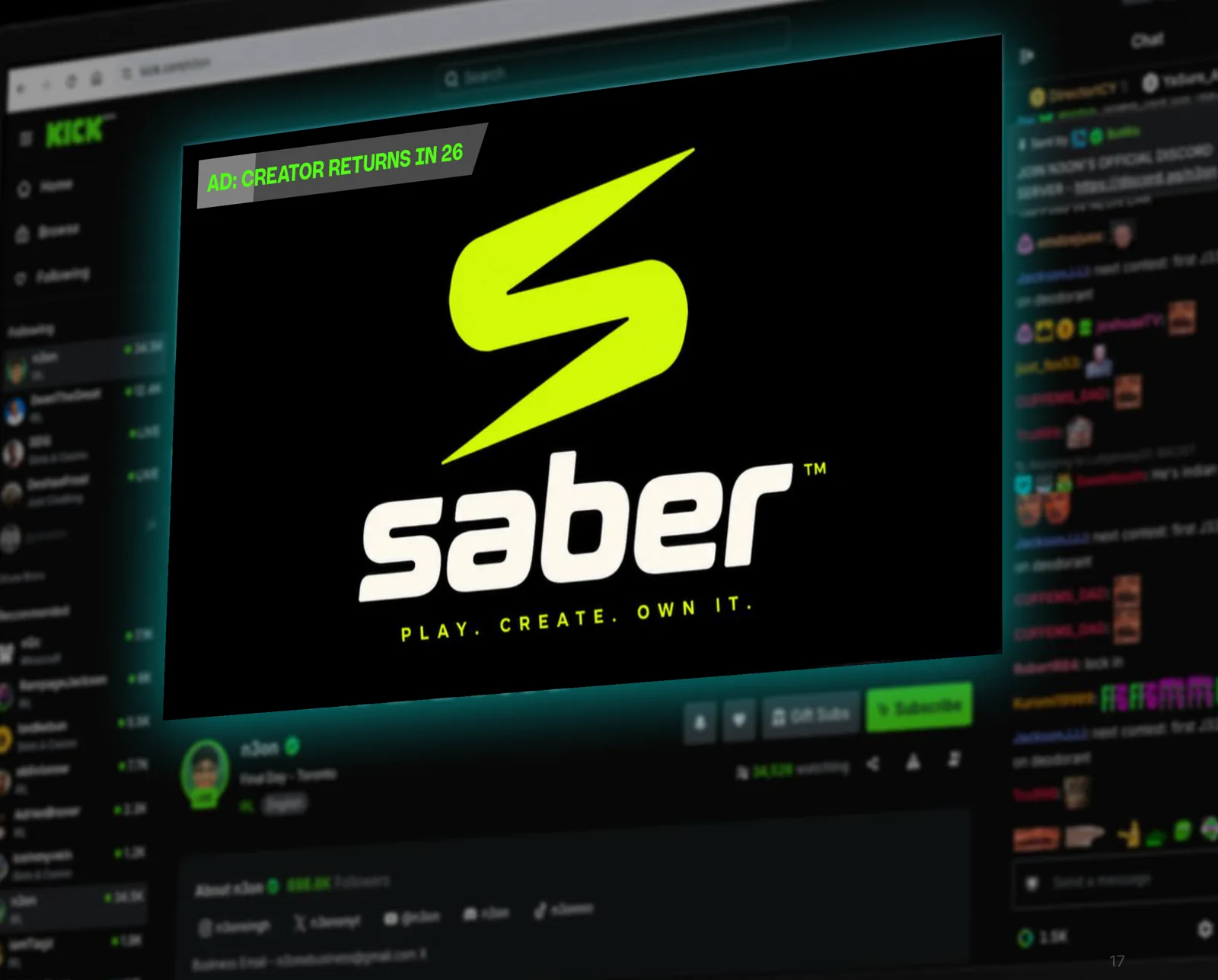 Kick's own mockup: a full-screen in-player video ad on a live channel, labelled Ad: creator returns in 26